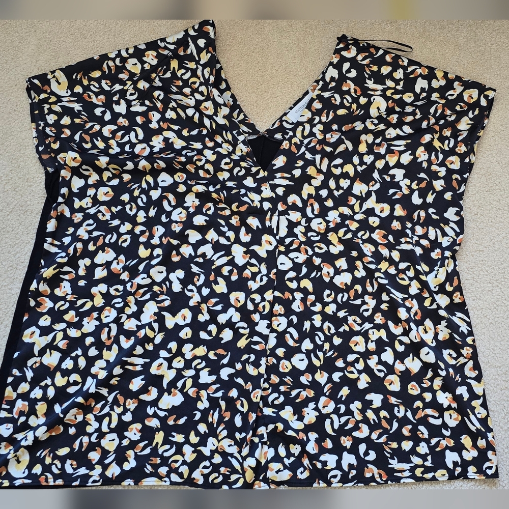 Addition Elle Black V-Neck Animal Print Blouse - White, Yellow, Brown